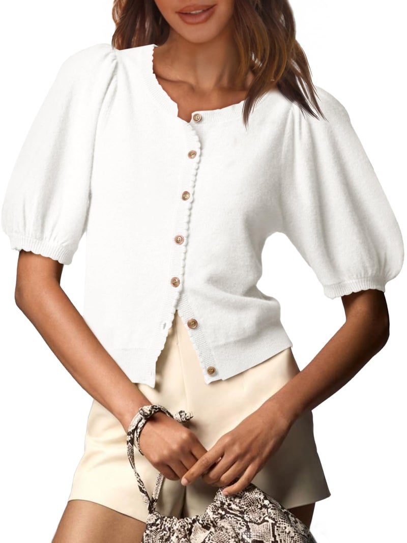 Saodimallsu Womens Puff Short Sleeve Cardigan Lightweight Summer Button Down Shirts Knit Crew Neck Sweater Tops White - Image 1