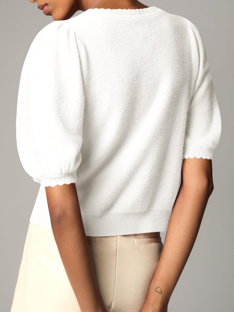 Saodimallsu Womens Puff Short Sleeve Cardigan Lightweight Summer Button Down Shirts Knit Crew Neck Sweater Tops White - Image 5