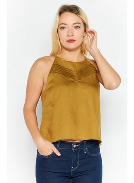 ESPRIT Women Crew Neck Sleeveless Solid Top, Olive  - Image 1