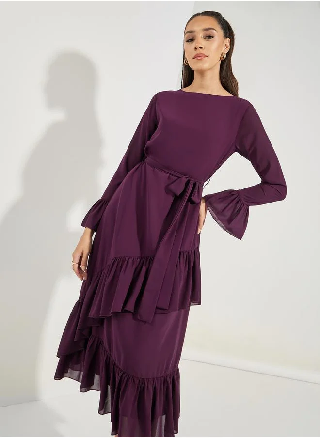 ستايلي Asymmetric Overlay Ruffled Midi Dress