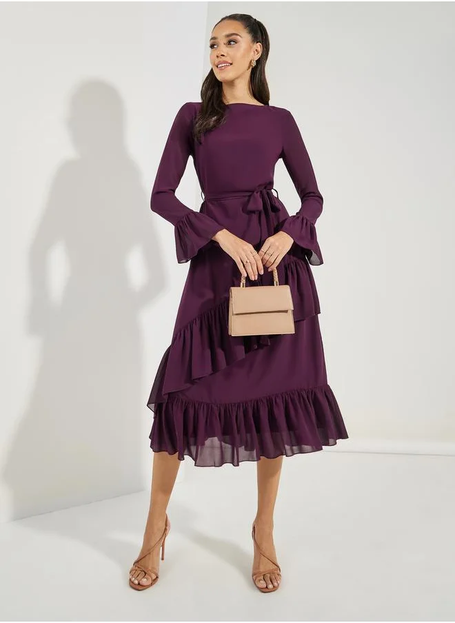 ستايلي Asymmetric Overlay Ruffled Midi Dress
