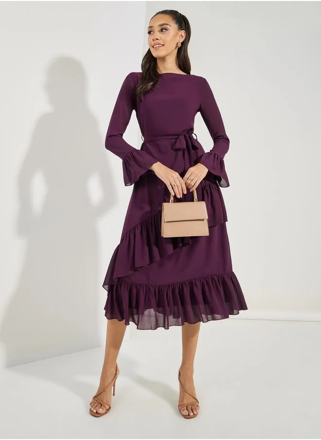Styli Styli Asymmetric Overlay Ruffled Midi Dress