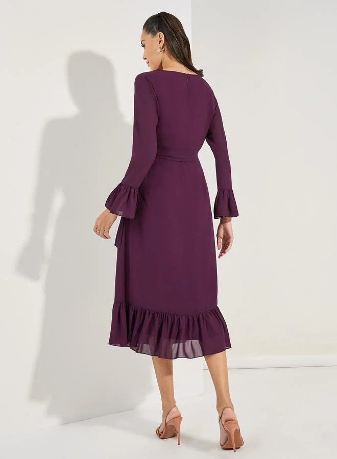 Styli Styli Asymmetric Overlay Ruffled Midi Dress