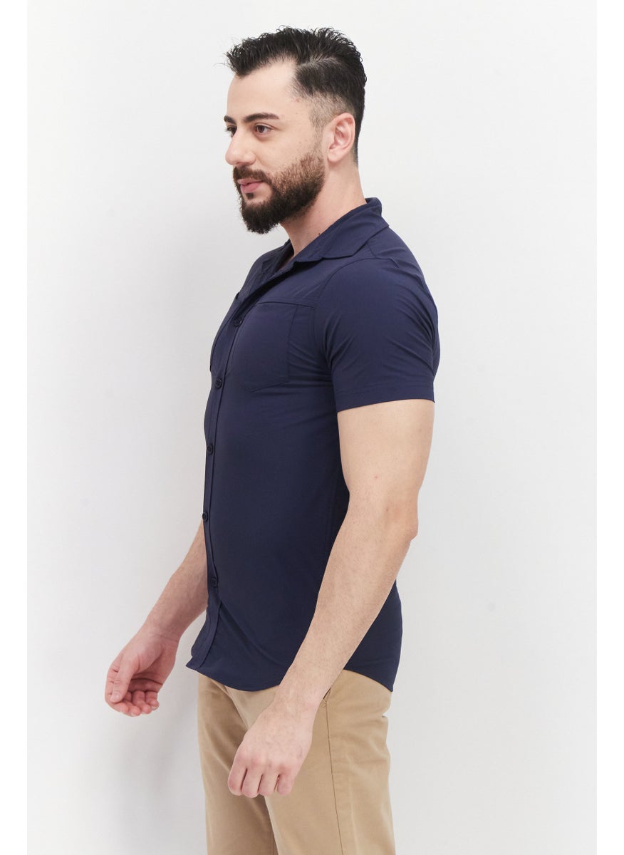 Cultura New York Men Regular Fit Solid Short Sleeves Casual Shirt, Navy  - Image 4