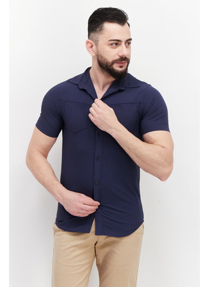 Cultura New York Men Regular Fit Solid Short Sleeves Casual Shirt, Navy  - Image 1