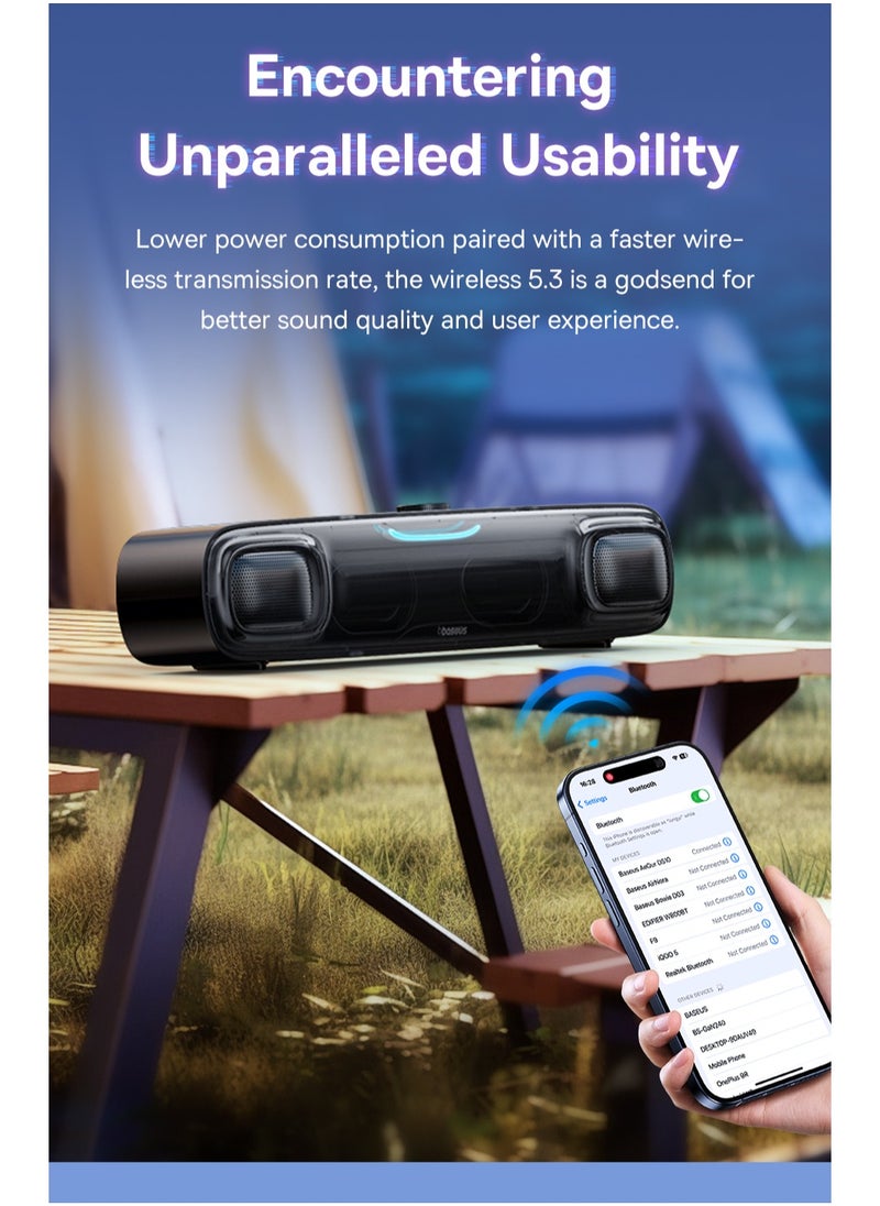 Baseus - Wireless Single Soundbar Speaker With Bluetooth 5.3, App Controlled Mini Soundbar, Triple Audio Modes, 7-Colors RGB, Cable Audio with Microphone for TV, PC, Projectors (Without Battery) - Image 1