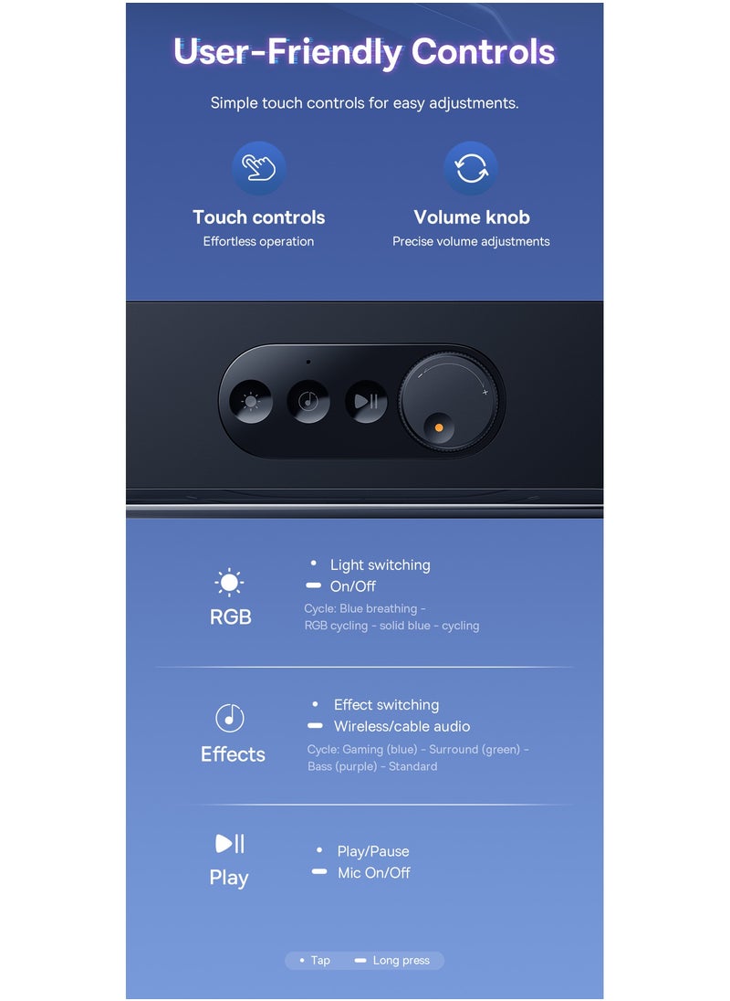 Baseus - Wireless Single Soundbar Speaker With Bluetooth 5.3, App Controlled Mini Soundbar, Triple Audio Modes, 7-Colors RGB, Cable Audio with Microphone for TV, PC, Projectors (Without Battery) - Image 1