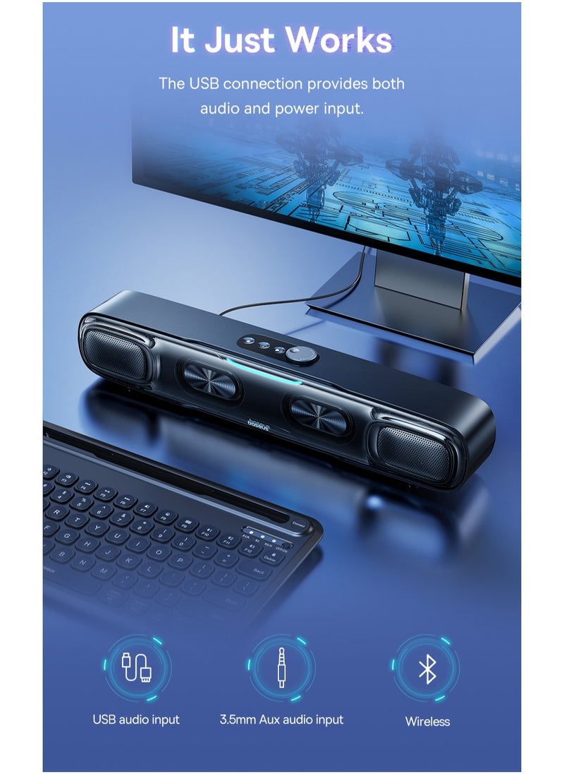 Baseus - Wireless Single Soundbar Speaker With Bluetooth 5.3, App Controlled Mini Soundbar, Triple Audio Modes, 7-Colors RGB, Cable Audio with Microphone for TV, PC, Projectors (Without Battery) - Image 1