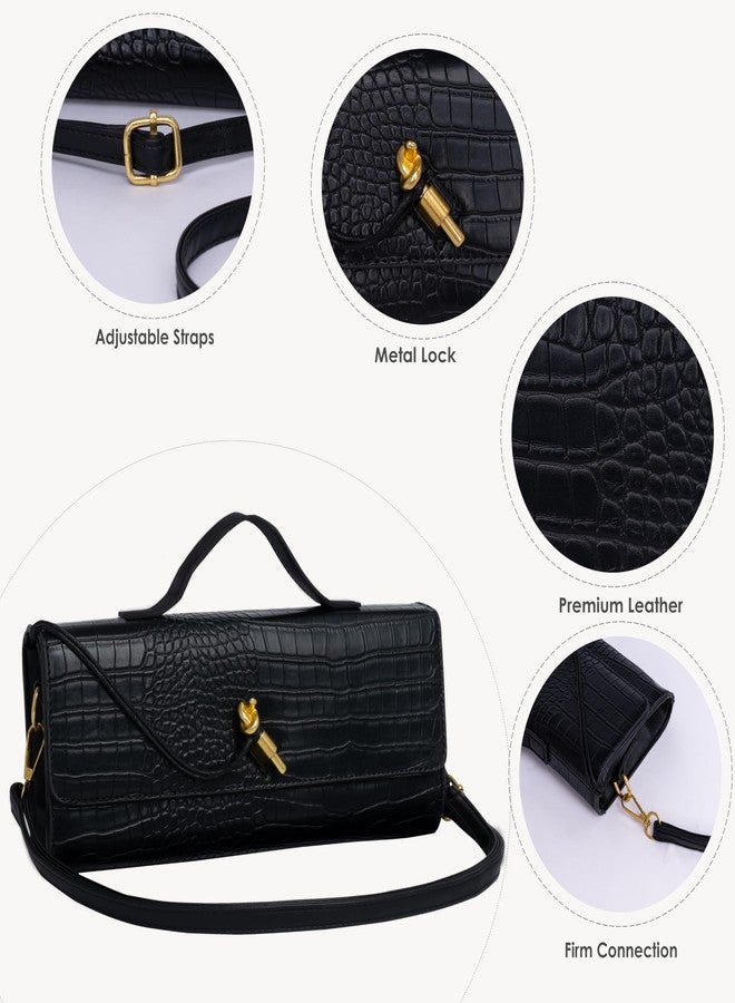 Larcenciel Crocodile Purses for Women, Trendy Black Leather Evening Clutch Handbags with Adjustable Strap, Luxury Ladies Party Bags Shoulder Crossbody Purse for Bride Wedding Cocktail Prom Daily Use - Image 3