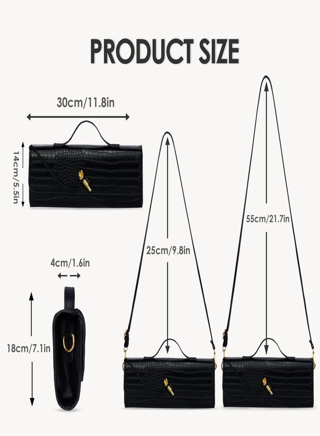 Larcenciel Crocodile Purses for Women, Trendy Black Leather Evening Clutch Handbags with Adjustable Strap, Luxury Ladies Party Bags Shoulder Crossbody Purse for Bride Wedding Cocktail Prom Daily Use - Image 5