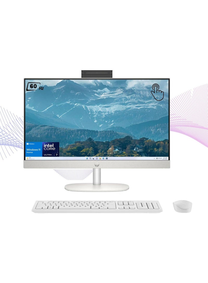 HP 27" All-in-One Touchscreen Desktop PC, Intel Core Ultra 7 255U Processor NPU: Intel® AI Boost (12 NPU TOPS, 32GB DDR5 RAM , 1TB SSD Storage, Full HD (1920x1080) Display, Windows 11 Home, White English WHITE - Image 1