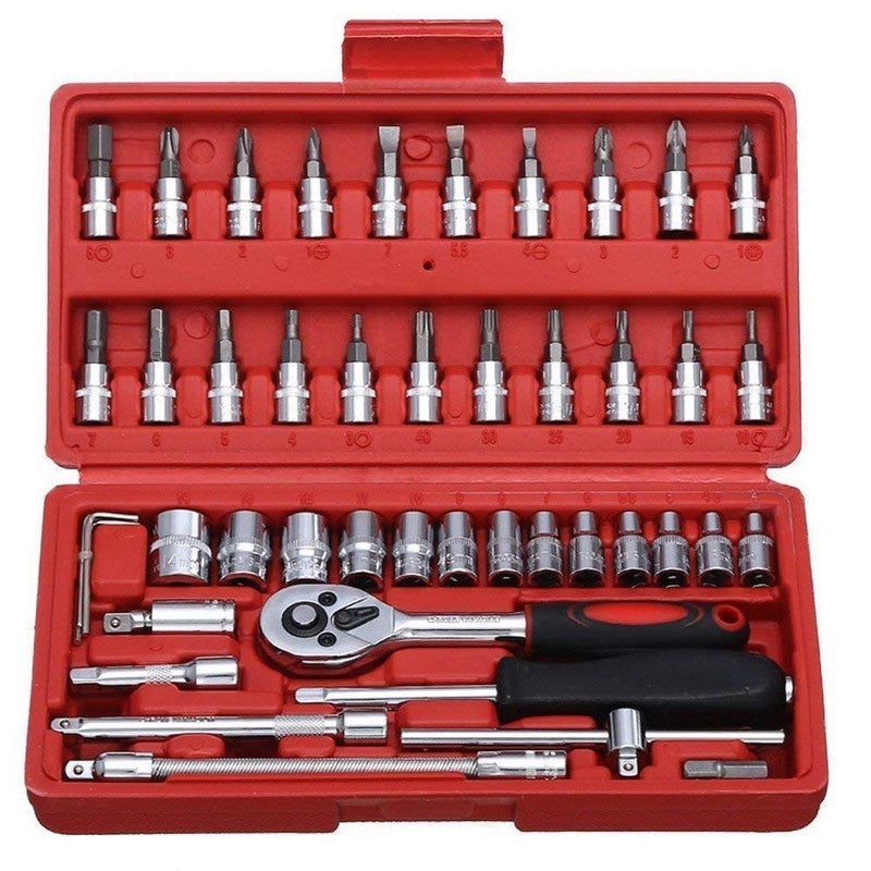 XTOOLS Premium 46 in 1 Pcs Combination Wrench SetSocket for CarBike Repairing Hand Tool Long Handle Kit 46pcs Combo Tools Repair 14 Ratchet Torque Box for Spanner Force Kit Tools Set  - Image 1
