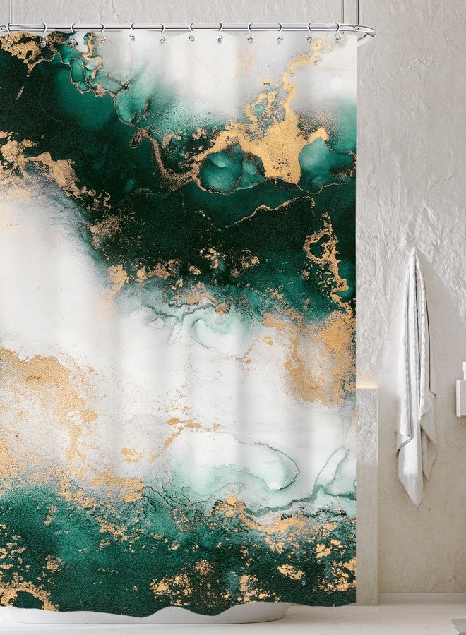 Cinbloo Emerald Green Shower Curtain 60Wx72H Abstract Marble Ombre Gold Modern Teal Turquoise Aesthetic Luxury Texture Golden Crack Neutral Bathroom Decor with 12 Hooks - Image 2