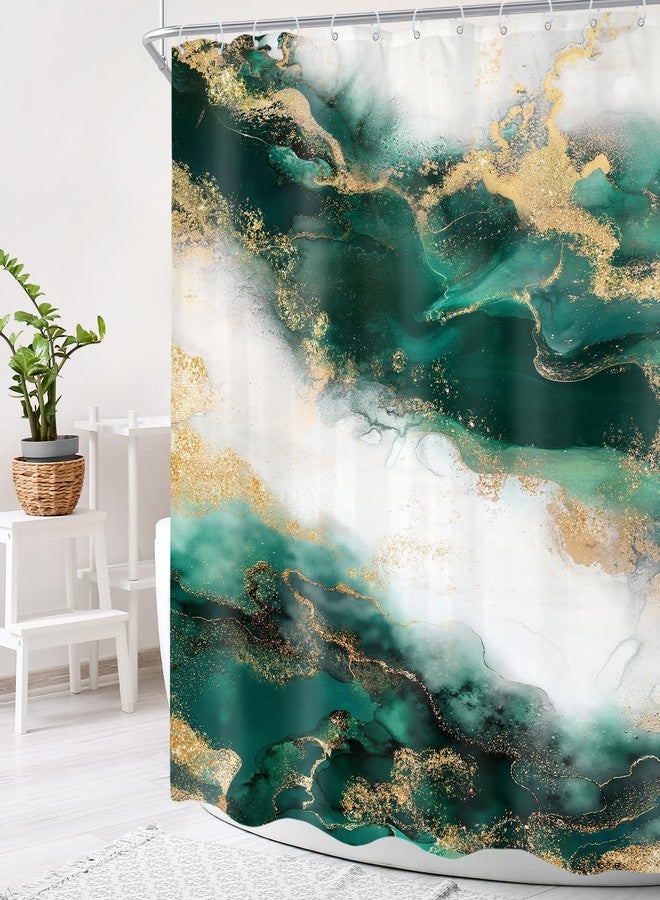 Cinbloo Emerald Green Shower Curtain 60Wx72H Abstract Marble Ombre Gold Modern Teal Turquoise Aesthetic Luxury Texture Golden Crack Neutral Bathroom Decor with 12 Hooks - Image 3