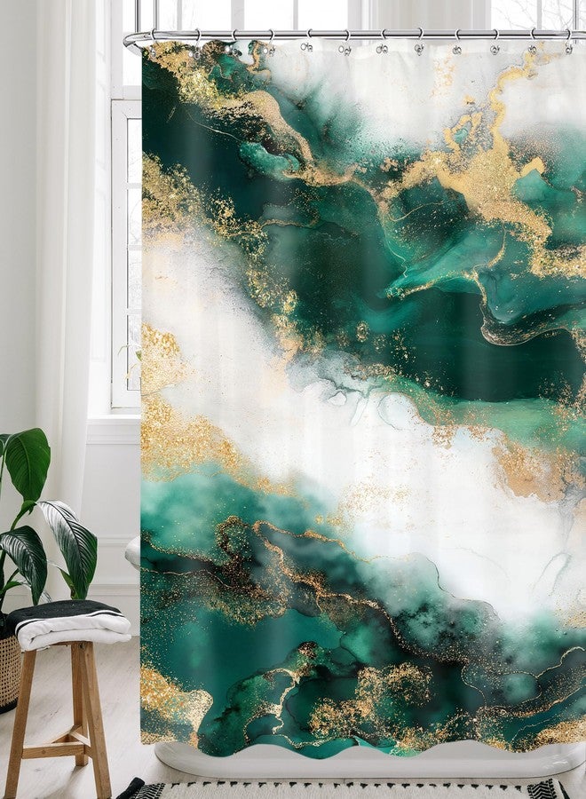Cinbloo Emerald Green Shower Curtain 60Wx72H Abstract Marble Ombre Gold Modern Teal Turquoise Aesthetic Luxury Texture Golden Crack Neutral Bathroom Decor with 12 Hooks - Image 1