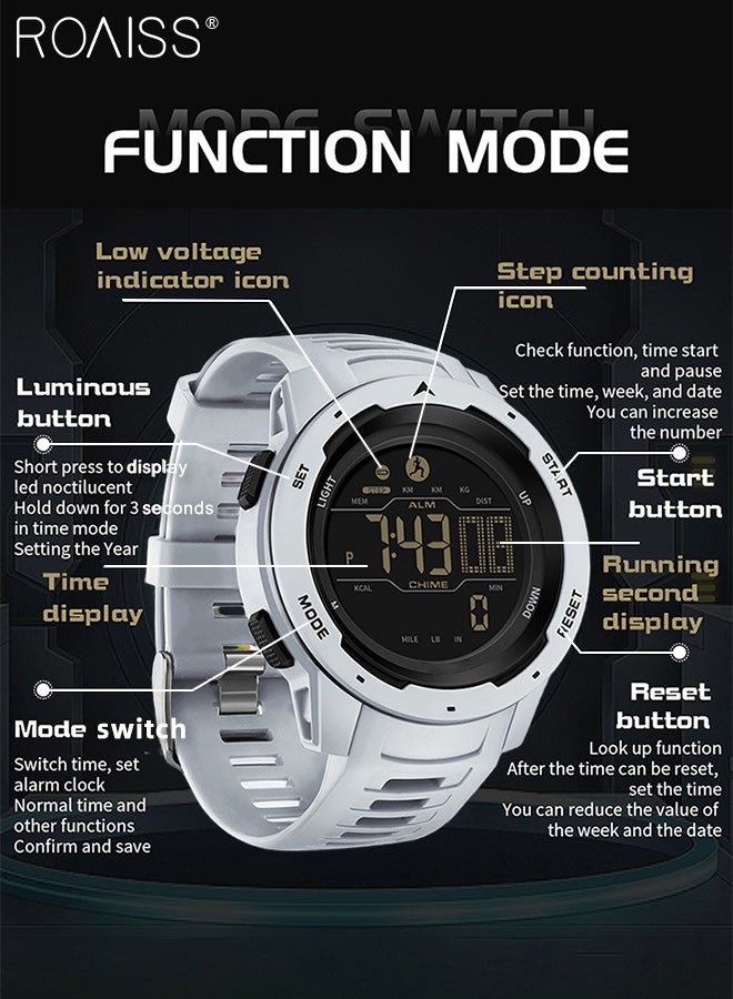 roaiss Men's Round Digital Sports Electronic Watch, TPU Strap Multifunctional Exercise Timer and Calorie Recording Waterproof Luminous Electronic Quartz Wristwatch as Gift for Men - Image 5