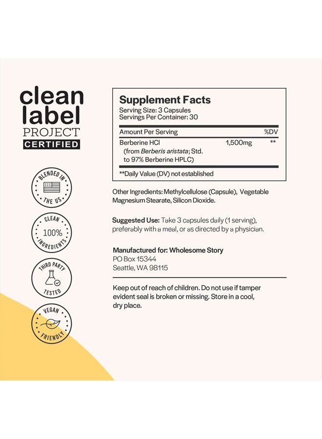 Wholesome Story Berberine Supplement 1500mg 90 Vegetarian Capsules