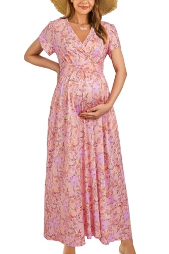 OUGES Maternity Maxi Dress Wrap V Neck Baby Shower Pregnancy Dresses for Photoshoot Summer Maternity Clothes 2024(Floral-17,L) - Image 1