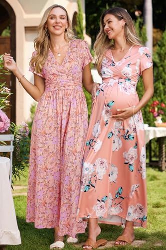 OUGES Maternity Maxi Dress Wrap V Neck Baby Shower Pregnancy Dresses for Photoshoot Summer Maternity Clothes 2024(Floral-17,L) - Image 4