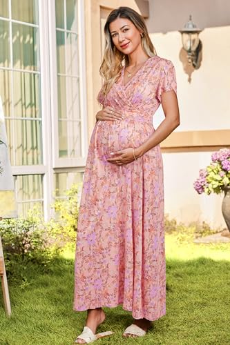 OUGES Maternity Maxi Dress Wrap V Neck Baby Shower Pregnancy Dresses for Photoshoot Summer Maternity Clothes 2024(Floral-17,L) - Image 2