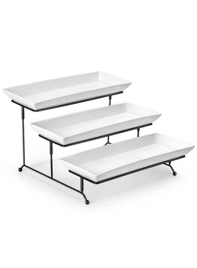 MALACASA 3 Tier Serving Tray, Porcelain Tiered Tray Stand, 14 Inch Ceramic Serving Platter with Collapsible Sturdier Rack, Dessert Wihte, Series PLAT - Image 1