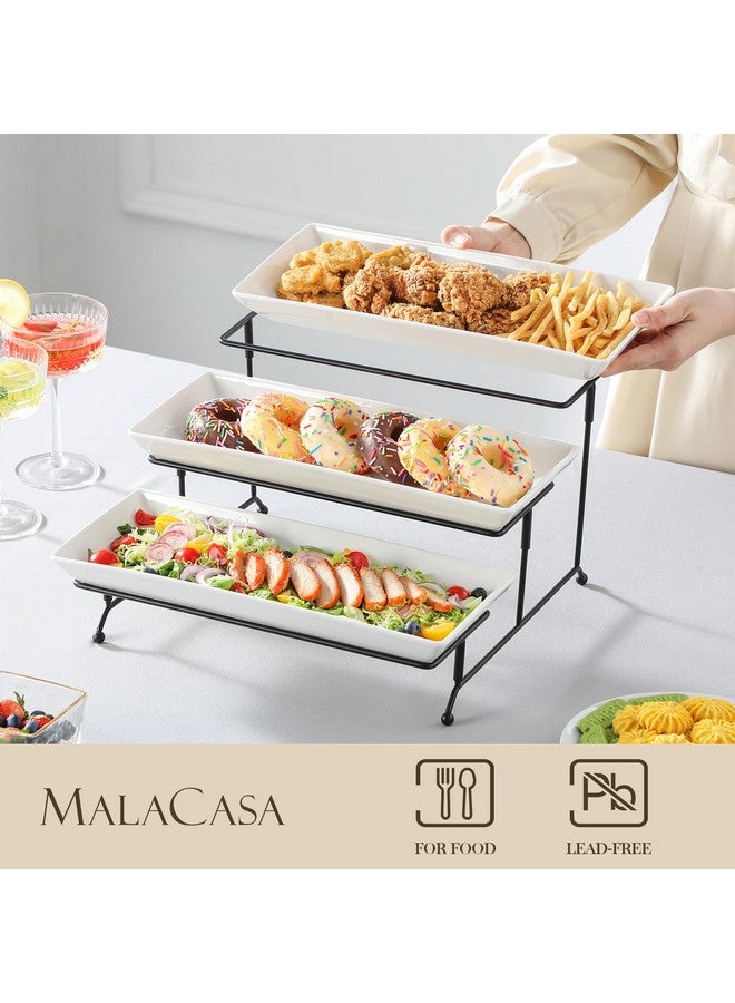 MALACASA 3 Tier Serving Tray, Porcelain Tiered Tray Stand, 14 Inch Ceramic Serving Platter with Collapsible Sturdier Rack, Dessert Wihte, Series PLAT - Image 3