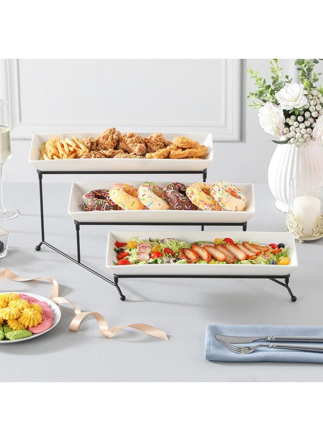 MALACASA 3 Tier Serving Tray, Porcelain Tiered Tray Stand, 14 Inch Ceramic Serving Platter with Collapsible Sturdier Rack, Dessert Wihte, Series PLAT - Image 5