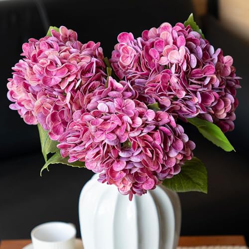 CURATED CART 1PCS Realistic Artificial Hydrangea Flower with Stems - Faux Fuchsia Hydrangea for Home, Wedding, Party, Outdoor, and Table Decor – Durable Latex & Embroidered Heads -Fuchsia - Image 1