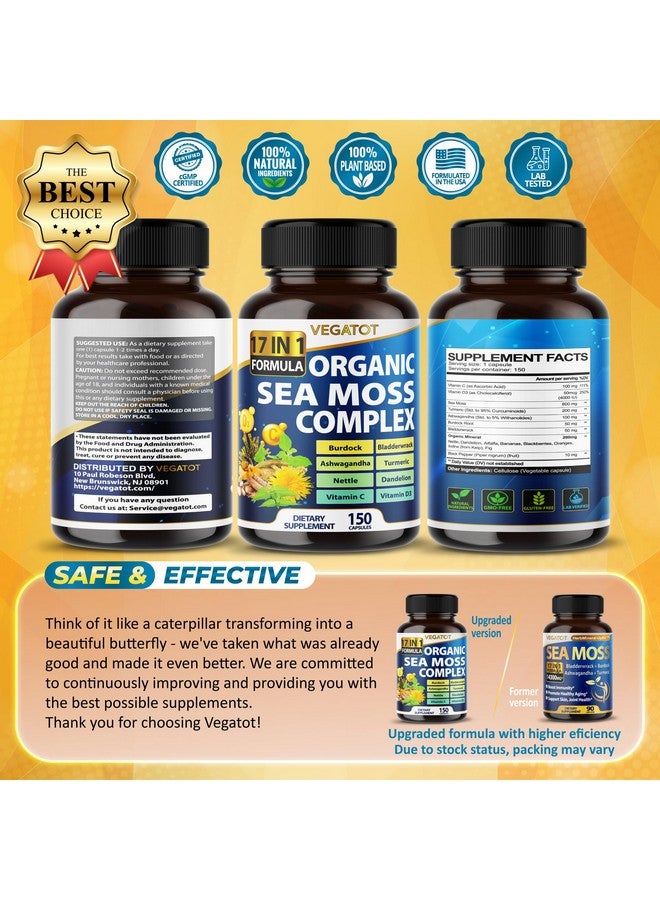 VEGATOT Organic Sea Moss with Bladderwrack, Burdock, Ashwagandha, and Turmeric - Immunity Booster for Healthy Aging, Skin & Joint Support- Made in The USA (150 Count (Pack of 1)) - Image 5