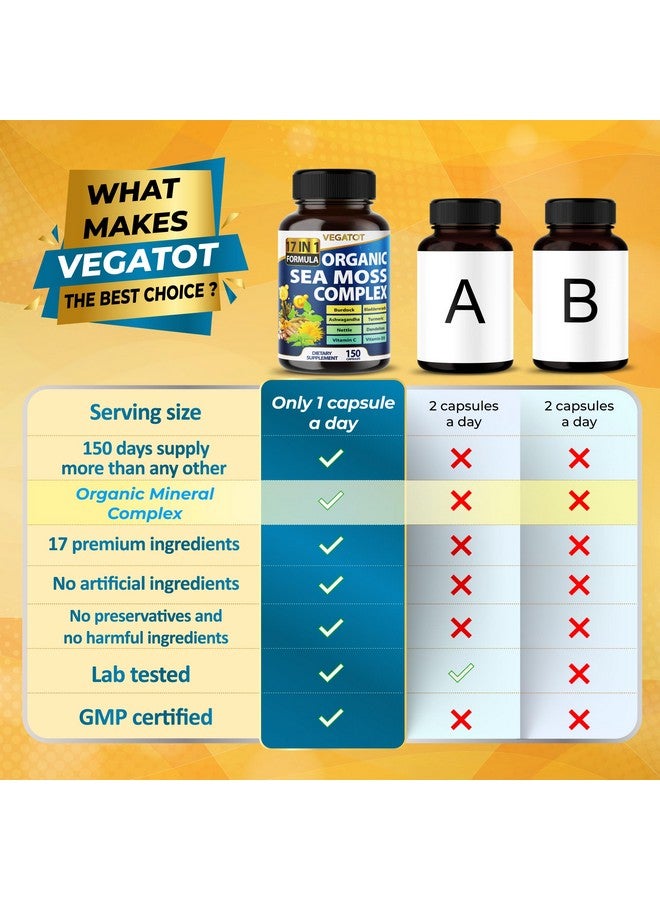 VEGATOT Organic Sea Moss with Bladderwrack, Burdock, Ashwagandha, and Turmeric - Immunity Booster for Healthy Aging, Skin & Joint Support- Made in The USA (150 Count (Pack of 1)) - Image 4