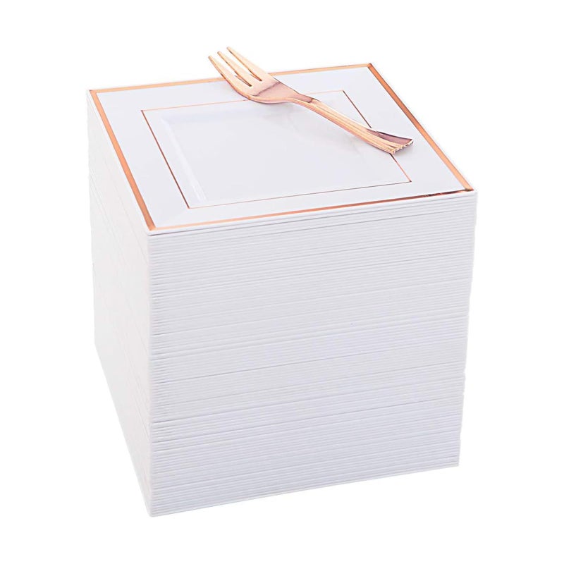 أطباق حلوى وردية ذهبية 86 قطعة مع 86 شوكة قابلة للتصرف 5 أطباق صغيرة أنيقة مربعة للحفلات يوم الأم والزفاف