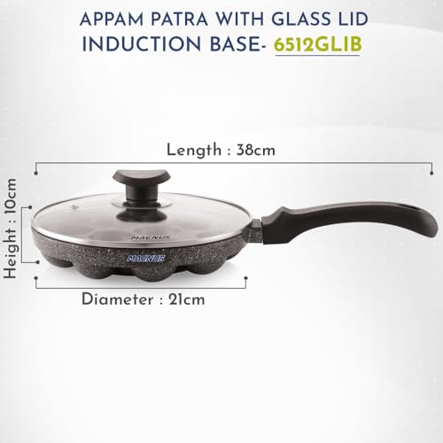 Magnus Induction Non-Stick Appam Pan with Glass Lid - 12 Cavities, 20cm, Black | Appe Maker Non Stick Induction Appam Maker with Glass Lid | Gas Stove Compatible | Paniyarrakal | Appam Chatty Maker - Image 2