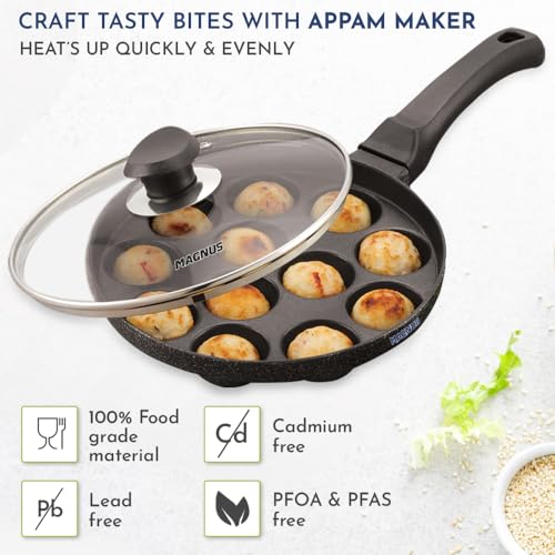 Magnus Induction Non-Stick Appam Pan with Glass Lid - 12 Cavities, 20cm, Black | Appe Maker Non Stick Induction Appam Maker with Glass Lid | Gas Stove Compatible | Paniyarrakal | Appam Chatty Maker - Image 3