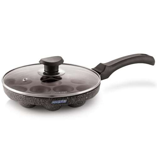Magnus Induction Non-Stick Appam Pan with Glass Lid - 12 Cavities, 20cm, Black | Appe Maker Non Stick Induction Appam Maker with Glass Lid | Gas Stove Compatible | Paniyarrakal | Appam Chatty Maker - Image 1