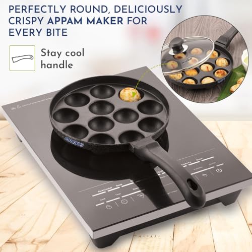 Magnus Induction Non-Stick Appam Pan with Glass Lid - 12 Cavities, 20cm, Black | Appe Maker Non Stick Induction Appam Maker with Glass Lid | Gas Stove Compatible | Paniyarrakal | Appam Chatty Maker - Image 4