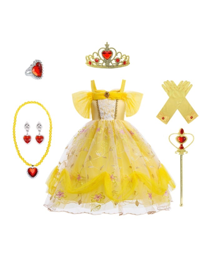 Princess Belle Dress Children's Dress Beauty and Beast Girl Princess Belle Clothing Yellow Little Princess Dress (6-pieces Crown, ring, necklace, earrings, magic wand, gloves) - Image 1