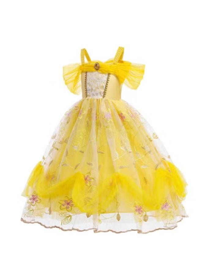 Princess Belle Dress Children's Dress Beauty and Beast Girl Princess Belle Clothing Yellow Little Princess Dress (6-pieces Crown, ring, necklace, earrings, magic wand, gloves) - Image 2