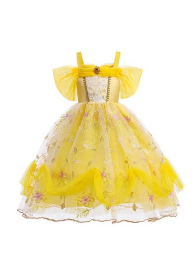 Princess Belle Dress Children's Dress Beauty and Beast Girl Princess Belle Clothing Yellow Little Princess Dress (6-pieces Crown, ring, necklace, earrings, magic wand, gloves) - Image 3