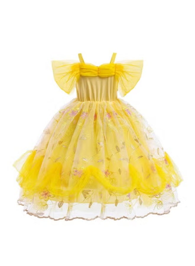 Princess Belle Dress Children's Dress Beauty and Beast Girl Princess Belle Clothing Yellow Little Princess Dress (6-pieces Crown, ring, necklace, earrings, magic wand, gloves) - Image 4