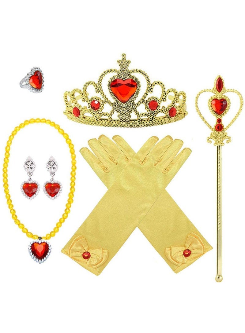 Princess Belle Dress Children's Dress Beauty and Beast Girl Princess Belle Clothing Yellow Little Princess Dress (6-pieces Crown, ring, necklace, earrings, magic wand, gloves) - Image 5
