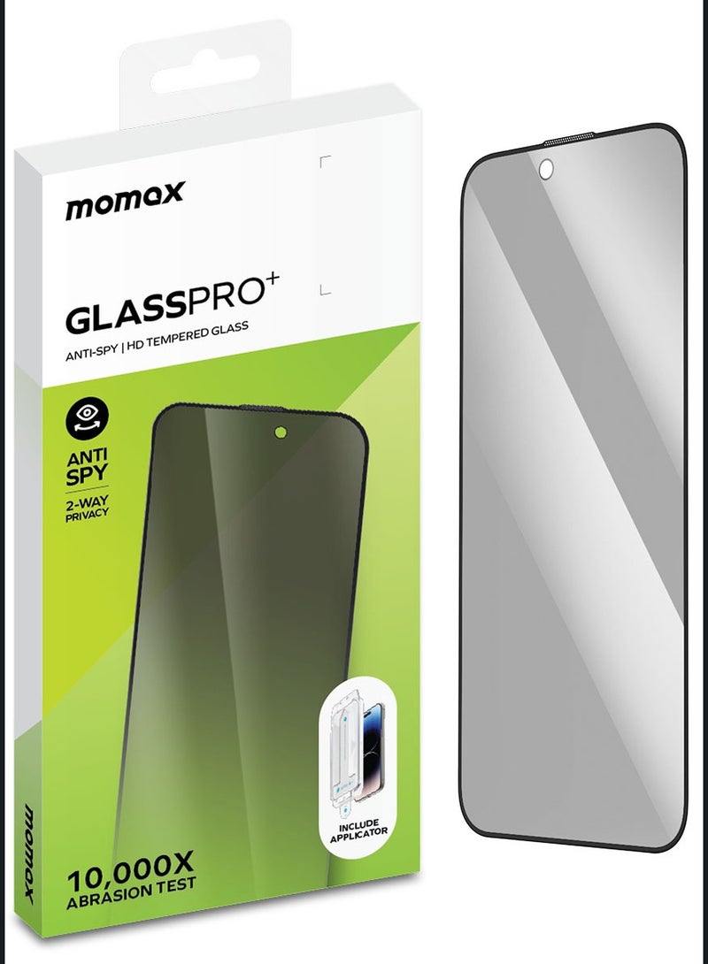 Momax واقي شاشة زجاجي مقوى للخصوصية من GlassPro+ ثنائي الاتجاه لهاتف iPhone 15 Pro MAX عالي الدقة مع صينية التثبيت - [عبوة واحدة] - Image 1