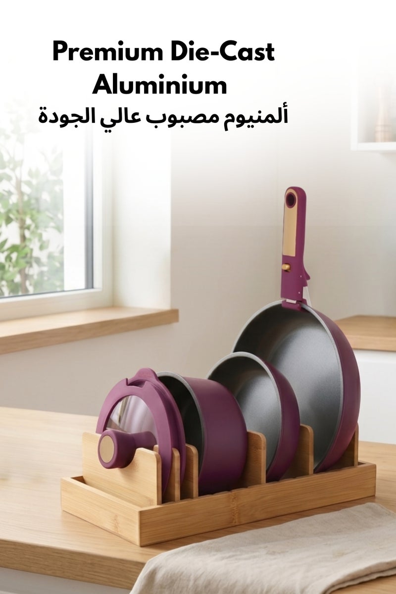 كاروت طقم أواني كاروت 6 قطع سيراميك غير لاصق بمقابض قابلة للفصل، تصميم قابل للتكديس يشمل مقلاة وقدر طهي مع أغطية، خالٍ من PFAS ومتوافق مع جميع المواقد وآمن لغسالة الصحون (بنفسجي) - Image 5