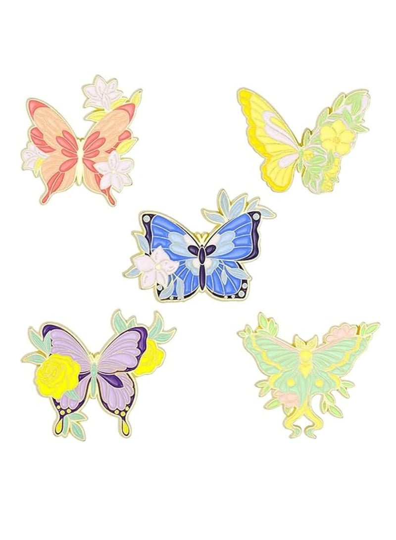 إسكدنيا 5 قطع طقم دبابيس المينا على شكل فراشة وزهور، دبابيس معدنية على شكل طية معدنية للقبعات والجاكيتات، أخضر - Image 1