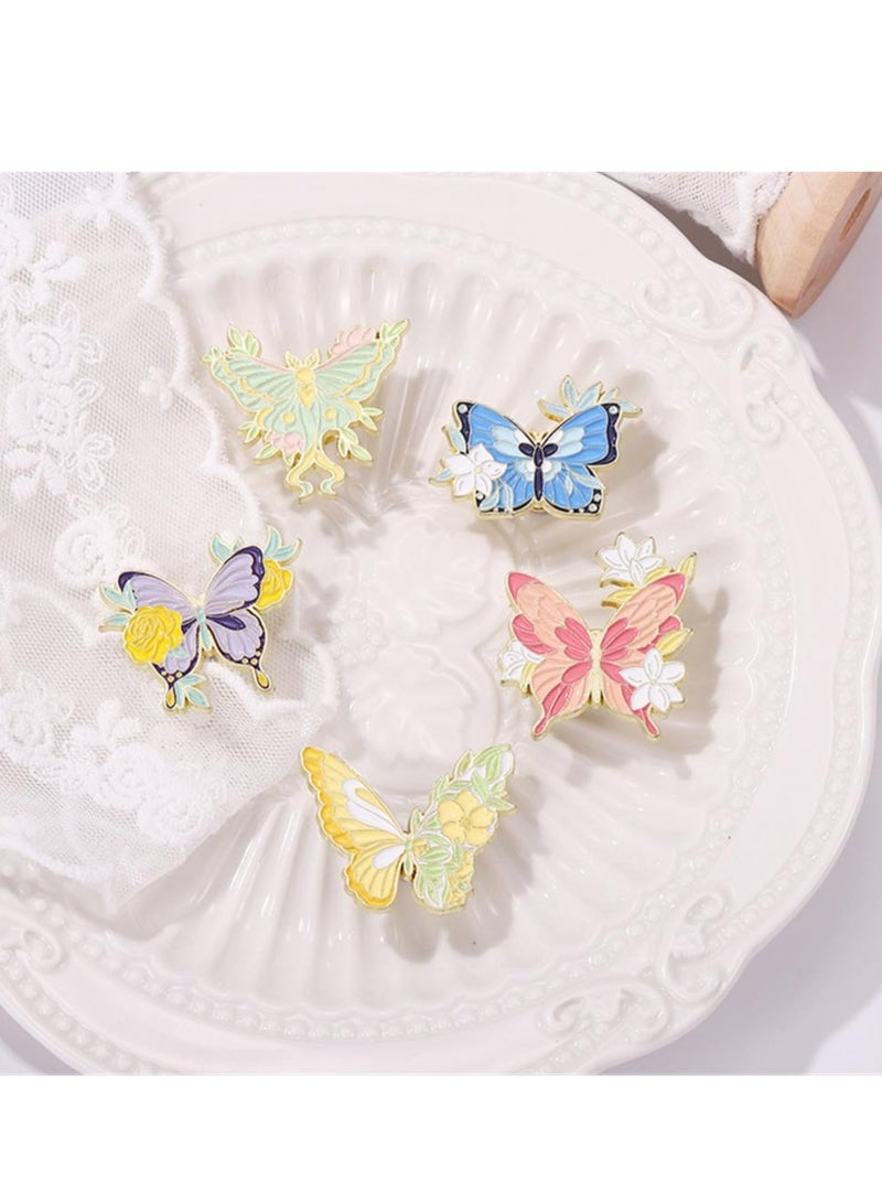 إسكدنيا 5 قطع طقم دبابيس المينا على شكل فراشة وزهور، دبابيس معدنية على شكل طية معدنية للقبعات والجاكيتات، أخضر - Image 5