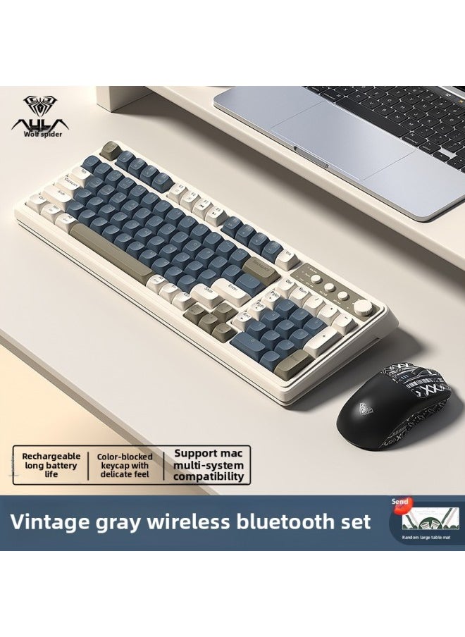 Tarantula S99 Wireless Three-Mode Bluetooth Keyboard Mute Desktop Notebook Office RGB Gaming E-Sports Mechanical Feel-Color:[retro Gray] Wireless Three-mode Keyboard And Mouse Set + Table Mat - Yes - One-year Warranty