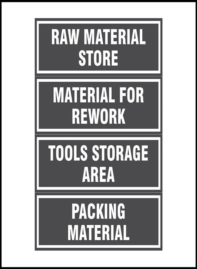 NS INVENTIVENESS - Raw Material Store, Material For Rework, Tools Storage Area, Packing Material Sign Board in PVC Sticker Pack of 4 - (Rectangle, 12 inch X 4 inch) - Image 1