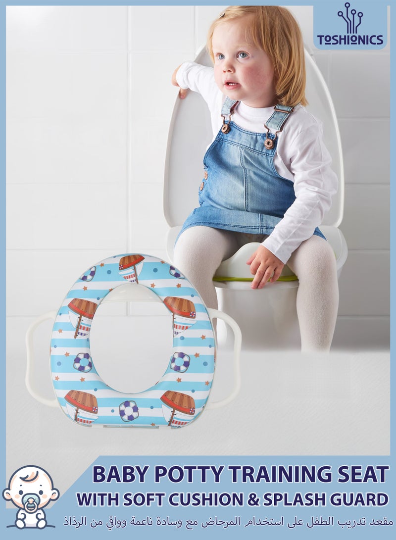 توشيونيكس مقعد تدريب الطفل على استخدام المرحاض مع مقابض مدمجة وواقي من الرذاذ ووسادة ناعمة قابلة للفصل، غطاء مقعد مرحاض مريح وآمن للأطفال الرضع والأطفال الصغار، محمول وخفيف الوزن وسهل التنظيف ومتوافق مع مقاعد المرحاض العادية والمستطيلة، مقعد مرحاض مناسب للسفر للأولاد والبنات - Image 1