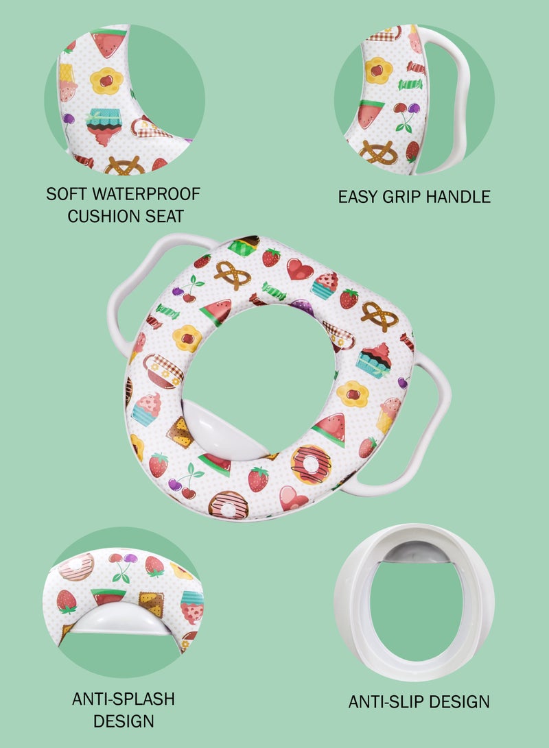 توشيونيكس مقعد تدريب الطفل على استخدام المرحاض مع مقابض مدمجة وواقي من الرذاذ ووسادة ناعمة قابلة للفصل، غطاء مقعد مرحاض مريح وآمن للأطفال الرضع والأطفال الصغار، محمول وخفيف الوزن وسهل التنظيف ومتوافق مع مقاعد المرحاض العادية والمستطيلة، مقعد مرحاض مناسب للسفر للأولاد والبنات - Image 4
