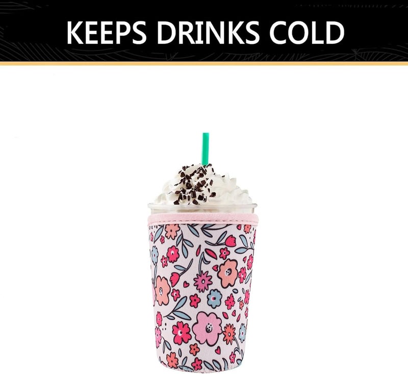 واي آر Reusable Neoprene Insulator Sleeve for Iced Coffee Cups, 3 Pack Coffee Coolies sleeves for Iced u0026 Hot Drinks, Cold Beverage Cooler Compatible with Starbucks Coffee and More (Pink Floral Garden) - Image 4