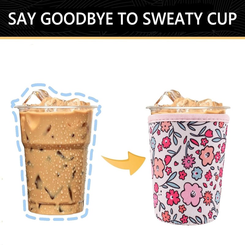 واي آر Reusable Neoprene Insulator Sleeve for Iced Coffee Cups, 3 Pack Coffee Coolies sleeves for Iced u0026 Hot Drinks, Cold Beverage Cooler Compatible with Starbucks Coffee and More (Pink Floral Garden) - Image 3